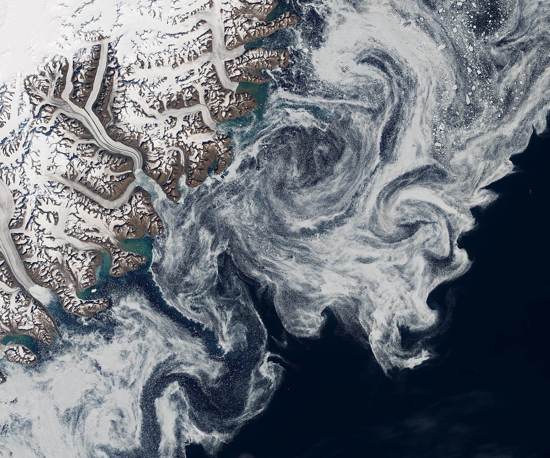 丹麦海峡与格陵兰东岸的海冰卫星视图
